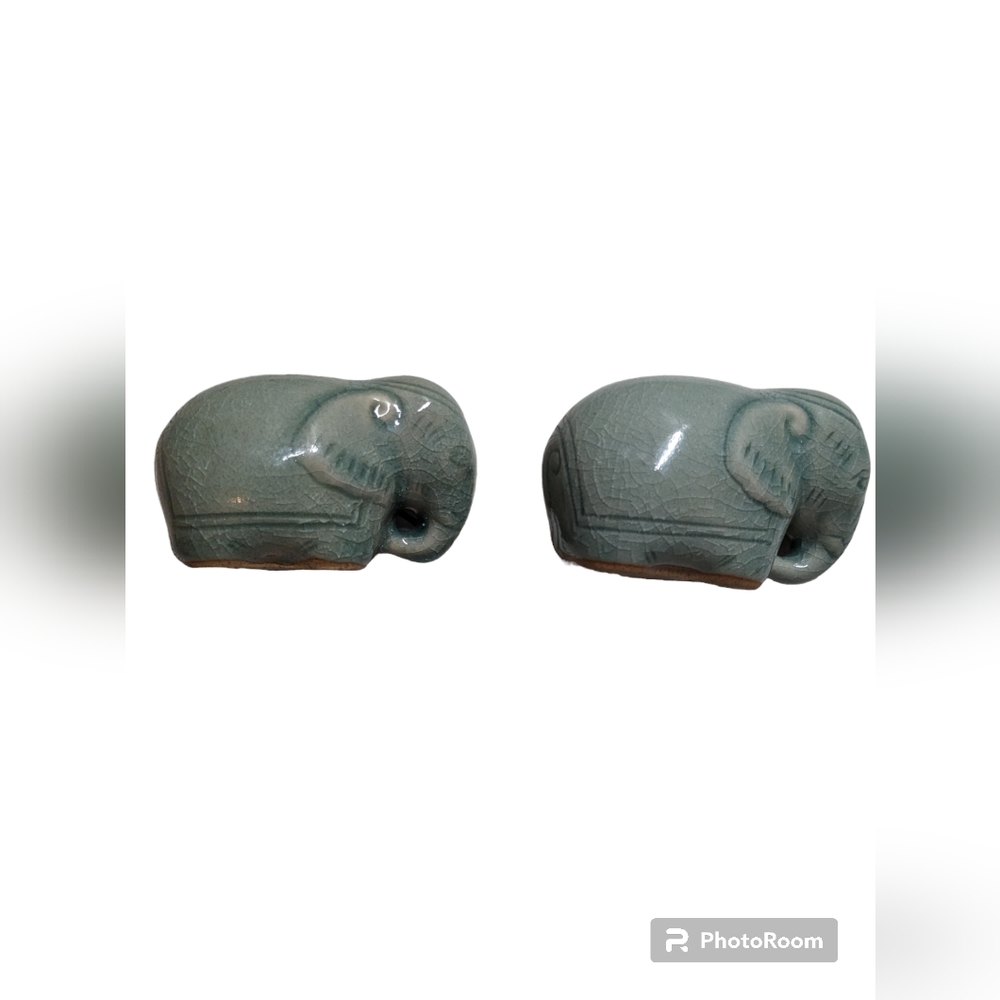 Vintage Blue Green Elephant Salt and Pepper Shakers Ceramic